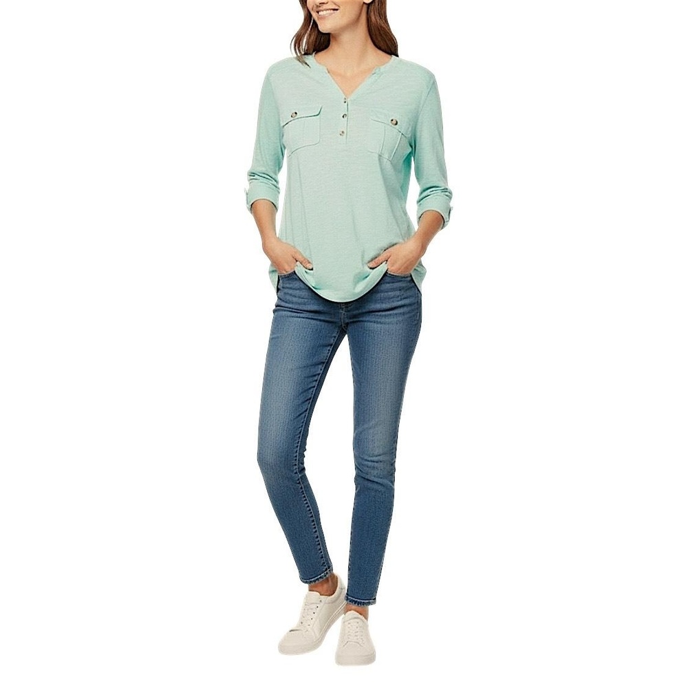 Gloria Vanderbilt Henley‎ Shirt Women's Bluish Green V-Neck Roll Tab